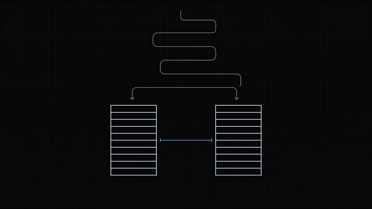 Diagrama: um caminho longo e emaranhado entre duas tabelas é trocado por uma ligação reta e curta, em azul.