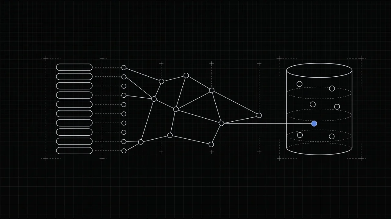 Diagrama: mensagens em fila viram nós de uma rede, e um nó em azul marca o trecho encontrado dentro do banco de dados.