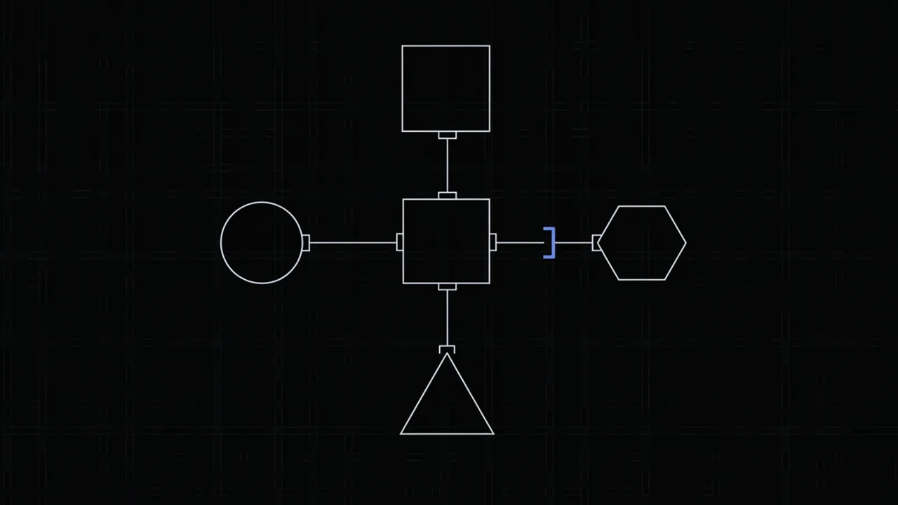 Diagrama: um conector central liga quatro sistemas, e uma trava em azul guarda uma das ligações.